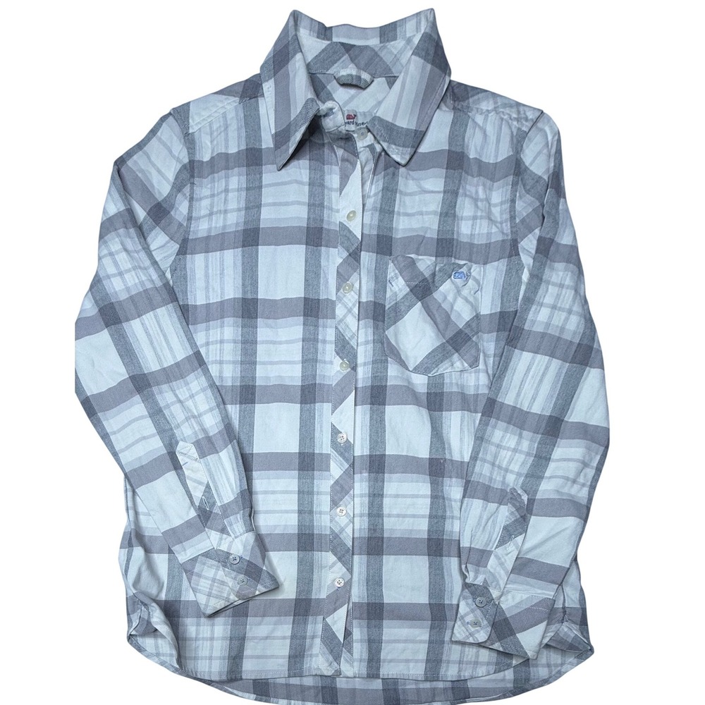 Vineyard Vines Womens Grey White Plaid Relaxed Button Down Shirt Size 2 Whale T9